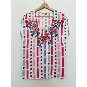 NEW Savanna Jane Colorful Floral Embroidered Top Sz M 100% Rayon V-Neck Boho